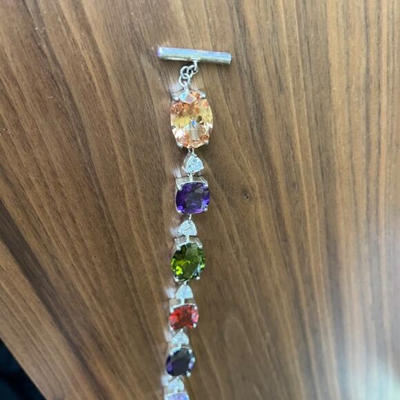 SOLD Estate Designer Colorful Silver Tone and Gemstone Costume Bracelet CHUNKY - Picture 4 of 9
